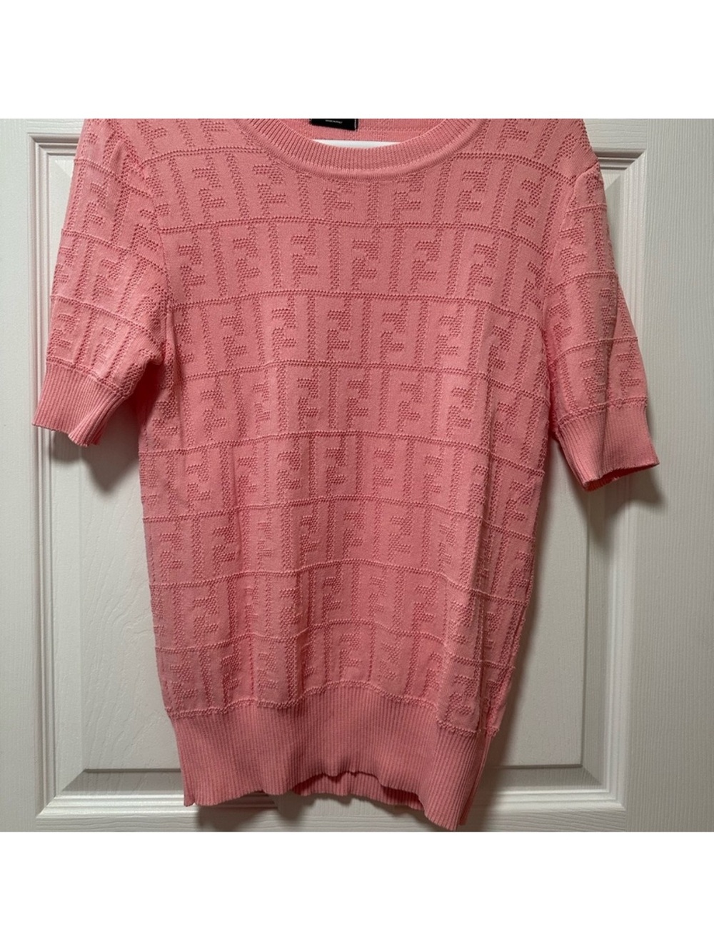 Fendi Pink Crewneck Short Sleeve Logo Knit Sweater